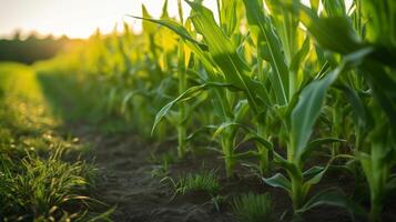 ai gegenereerd levendig zoet maïs gewassen in een bloeiend veld- foto