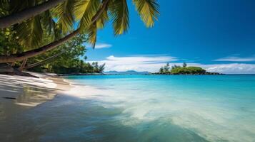 ai gegenereerd mooi tropisch strand met palm bomen en turkoois zee en zonlicht foto