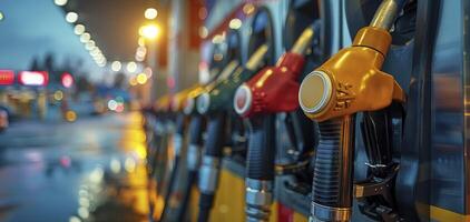 ai gegenereerd benzine station tafereel, gas- pomp mondstuk in brandstof verdeler, faciliteren tanken met benzine en diesel, symboliseert petroleum industrie en onderhoud. foto