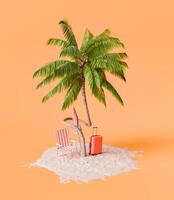 vakantie concept met palm boom, strand stoel, en bagage Aan zand foto