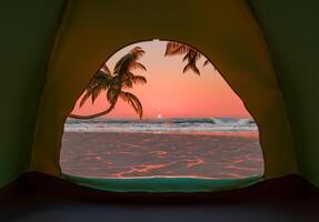 zonsondergang visie van binnen een tent Aan een tropisch strand foto