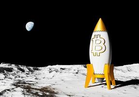 bitcoin raket Aan maan- oppervlakte met aarde in de achtergrond foto