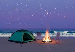 strand camping met vreugdevuur onder sterrenhemel lucht foto