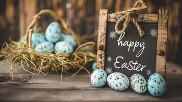 ai gegenereerd gelukkig Pasen. groet banier ansichtkaart met decoratief blauw eieren in nest Aan houten achtergrond. foto