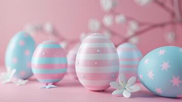 ai gegenereerd 3d Pasen eieren geïsoleerd Aan roze achtergrond. Pasen vakantie concept. foto