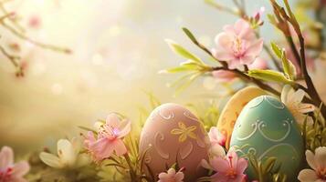 ai gegenereerd mooi bloemen en Pasen eieren Aan voorjaar achtergrond met kopiëren ruimte. foto
