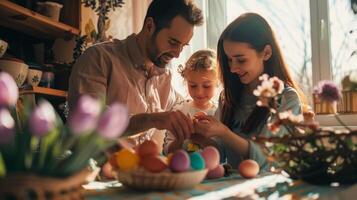 ai gegenereerd gelukkig familie met weinig kinderen vieren Pasen en decoreren Pasen eieren Bij dining tafel in keuken. Pasen familie tradities. foto
