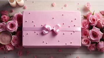 ai gegenereerd roze pakket doos geschenk met plakband karton levering foto