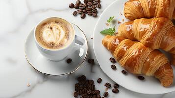 ai gegenereerd koffie laat en croissant brood Aan restaurant ontbijt foto