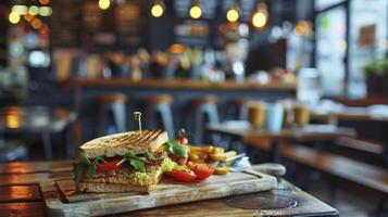 ai gegenereerd belegd broodje Aan snijdend houten bord in een cafe foto