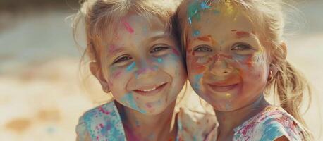 ai gegenereerd multicultureel vreugde, schattig Europese kind meisjes vieren de Indisch holi festival, gedekt in kleurrijk verf poeder Aan gezichten en lichamen. foto