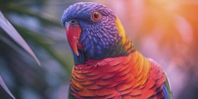 ai gegenereerd levendig gevederte, een detailopname van een papegaai gevangen genomen in een helder en kleurrijk foto, presentatie van haar voortreffelijk veren en stralend schoonheid. foto