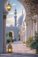 ai gegenereerd een eid al-fitr lantaarn en een klein moskee, symboliseert de vreugdevol viering van de Islamitisch vakantie. foto