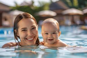 ai gegenereerd mooi Kaukasisch jong moeder en haar baby in de zwemmen zwembad. foto