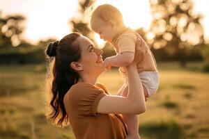 ai gegenereerd Kaukasisch moeder en haar baby Bij weide foto