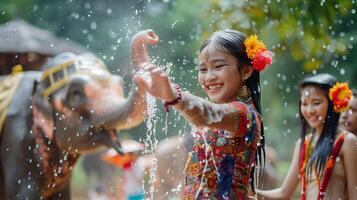 ai gegenereerd meisje met traditioneel kostuum en olifant in songkran festival Bij Thailand foto