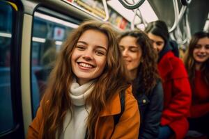 ai gegenereerd jong glimlachen college leerling vrouw in metro foto