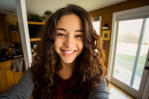 ai gegenereerd glimlachen jong gelukkig aantrekkelijk vrouw nemen selfie Bij huis. beginnend de dag gelukkig en positief. foto