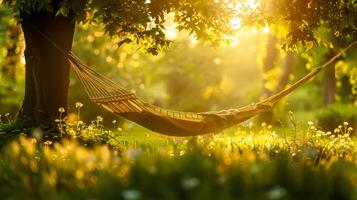 ai gegenereerd sereen zomer hangmat Bij zonsondergang foto