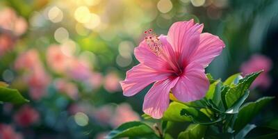 ai gegenereerd roze bloem met groen bladeren foto