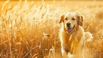 ai gegenereerd gouden retriever genieten van zonsondergang in tarwe veld- foto