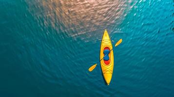 ai gegenereerd antenne visie van solo kayaker Aan rustig water foto