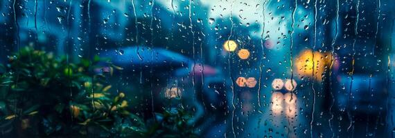 ai gegenereerd regenachtig venster met wazig stad lichten foto