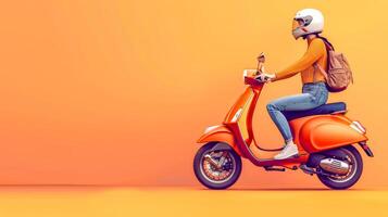 ai gegenereerd elegant vrouw rijden oranje scooter Aan duidelijk achtergrond foto