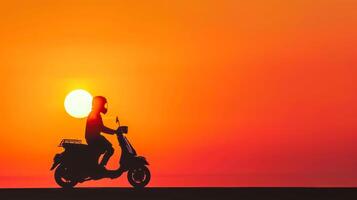 ai gegenereerd persoon ritten een scooter tegen een levendig oranje zonsondergang achtergrond foto