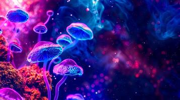 ai gegenereerd levendig bioluminescent champignons in een mystiek Woud instelling met neon lichten foto