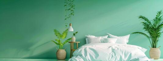 ai gegenereerd sereen slaapkamer interieur met groen accent muur foto