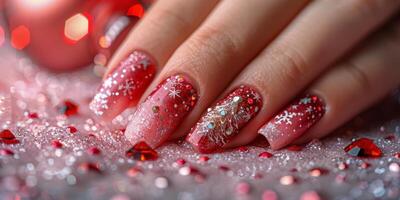 ai gegenereerd dames hand- met rood en goud manicure foto