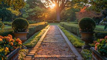 ai gegenereerd zonlicht filteren door bomen in tuin foto