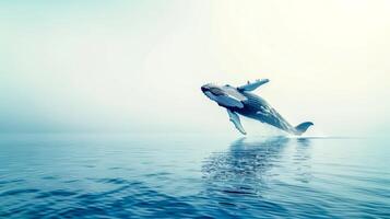 ai gegenereerd majestueus gebochelde walvis springend van oceaan foto