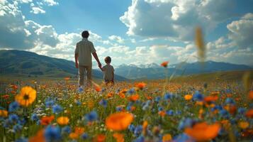 ai gegenereerd Mens en kind wandelen door veld- van bloemen foto