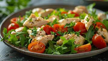 ai gegenereerd bord van kip salade met tomaten en sla foto