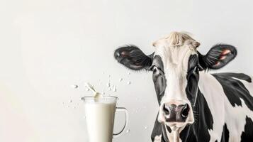 ai gegenereerd grappig koe met spatten melk glas Aan licht achtergrond foto