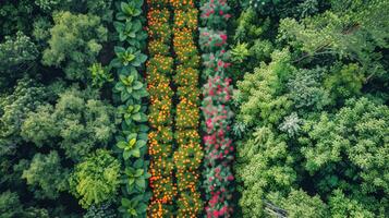 ai gegenereerd verschillend bomen in Woud antenne visie foto