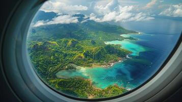 ai gegenereerd vliegtuig venster visie van tropisch eiland foto