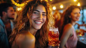 ai gegenereerd mooi vrouw Holding een glas van bier foto