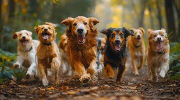 ai gegenereerd groep van honden rennen naar beneden aarde weg foto