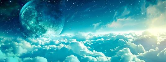 ai gegenereerd panoramisch digitaal artwork van een te groot maan stijgende lijn bovenstaand een surrealistische bewolkt lucht foto