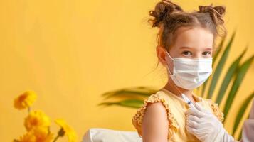 ai gegenereerd gevaccineerd kinderen. jong meisje met gezicht masker Holding injectiespuit Aan geel achtergrond, kopiëren ruimte foto