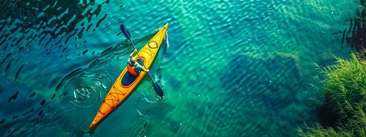 ai gegenereerd solo kayaker Aan rustig wateren foto