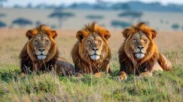 ai gegenereerd drie leeuwen houdende naar beneden in een met gras begroeid veld- foto