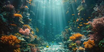 ai gegenereerd zonlicht streaming door koraal rif foto