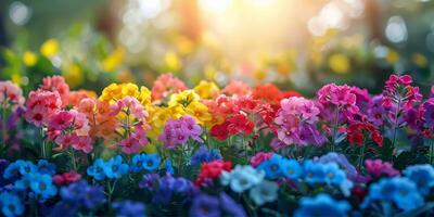 ai gegenereerd bloemen verspreide aan de overkant gras foto