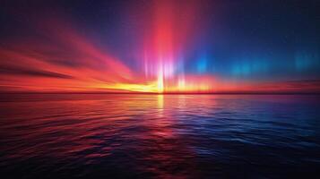 ai gegenereerd kleurrijk Aurora borealis dansen over- water foto