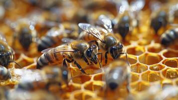 ai gegenereerd groep van bijen Aan honingraat foto