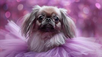ai gegenereerd klein hond vervelend roze jurk foto